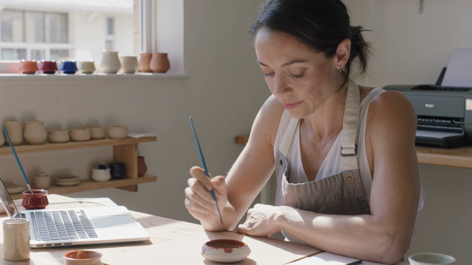 A potter painting ceramics at her studio bench, laptop open beside her